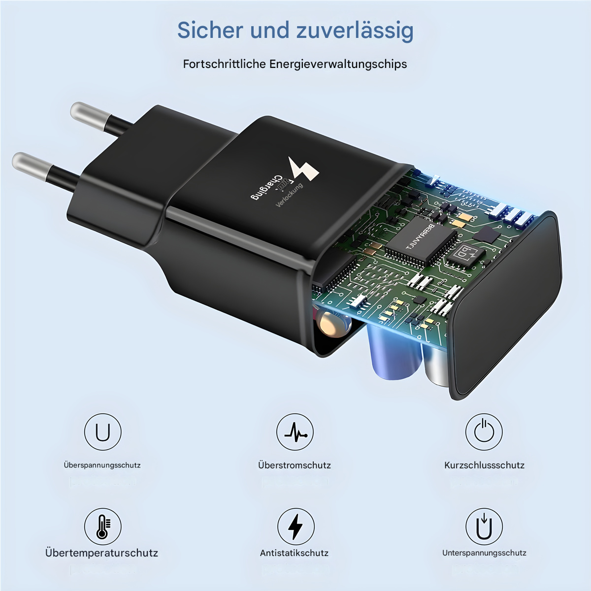 Schwarzer Ladeadapter mit sichtbaren internen Komponenten. Verschiedene Schutzsymbole werden gezeigt.