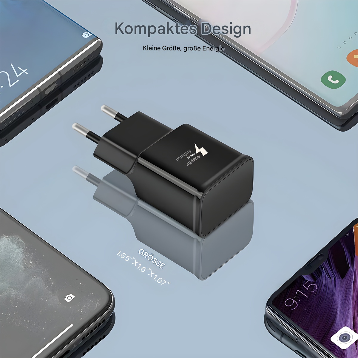 Ein schwarzes Telefonladegerät, umgeben von Telefonen, spiegelt sich auf einer Glasoberfläche.