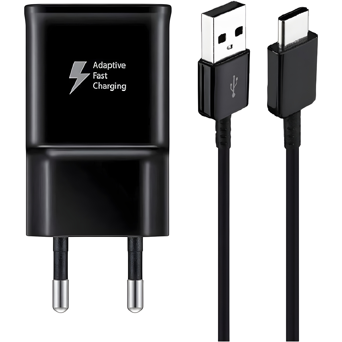 Schwarzes Ladegerät mit schwarzem Ladekabel. Es hat einen USB-Anschluss und ist eingesteckt.