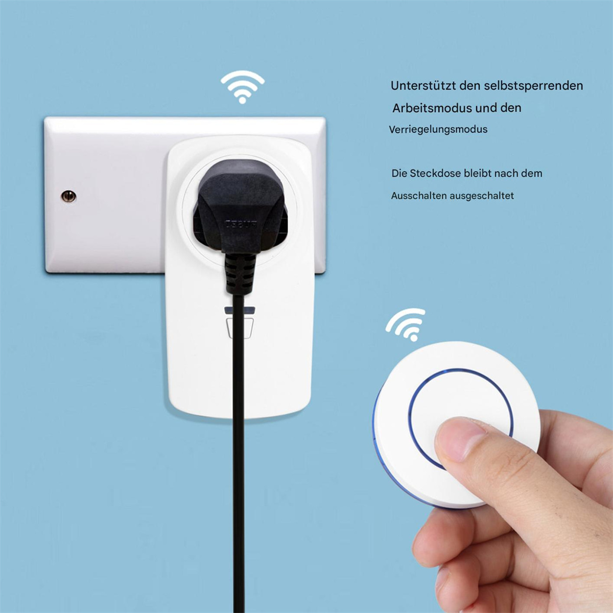 Ein Smart Plug ist an eine Steckdose angeschlossen, mit einer Fernbedienung in der Hand. Der Text ist auf Deutsch.