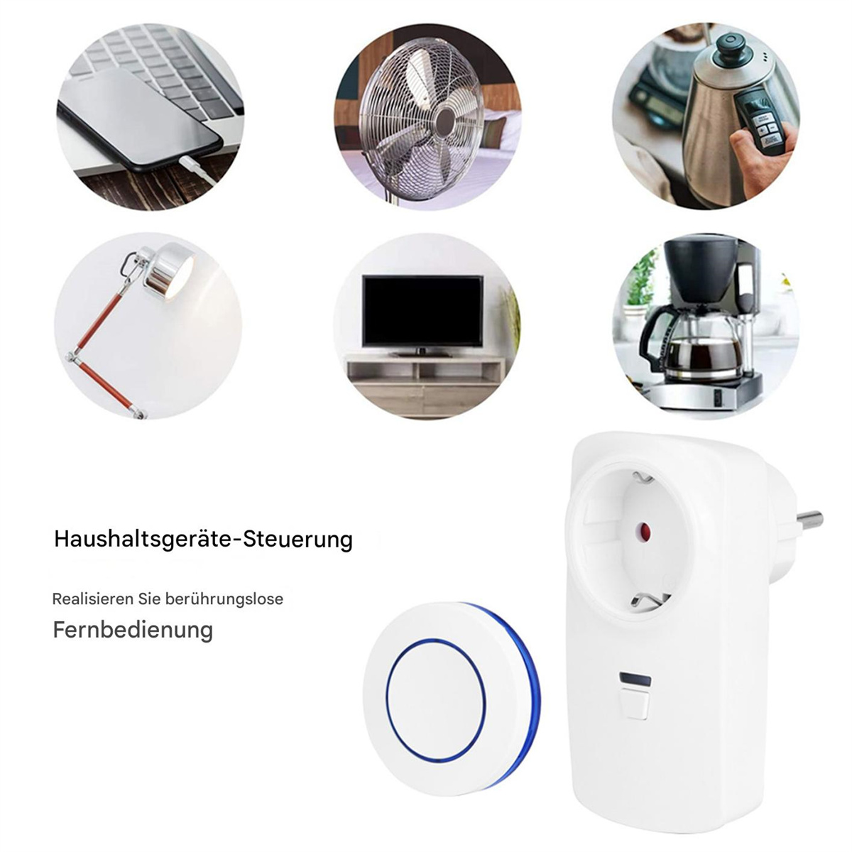 Eine Reihe verschiedener Haushaltsgeräte wird angezeigt, darunter ein Ventilator, eine Kaffeemaschine und ein Smart-Plug.