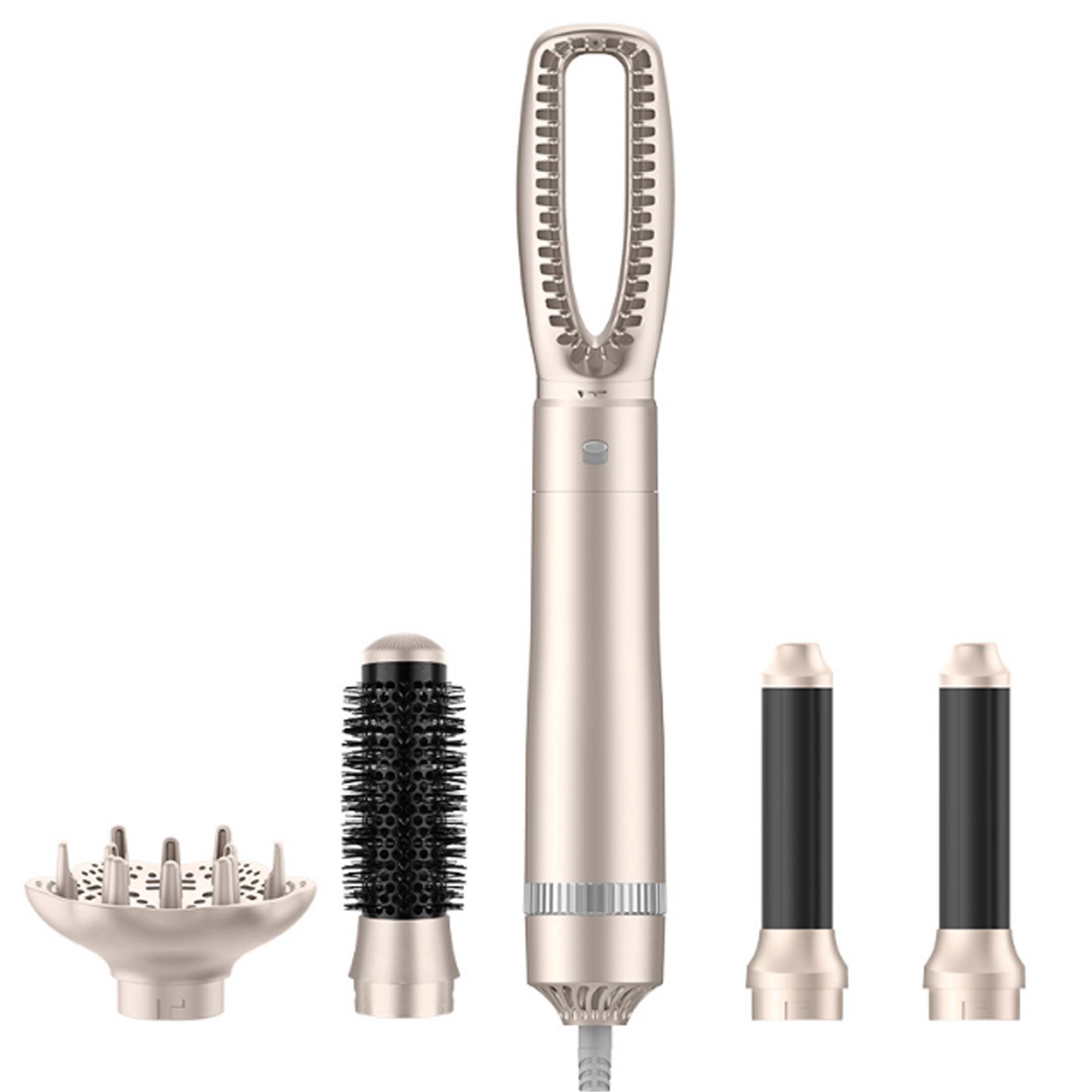 Haarstyling-Tool mit mehreren Aufsätzen: Diffusor, Bürste und Lockenstäbe.
