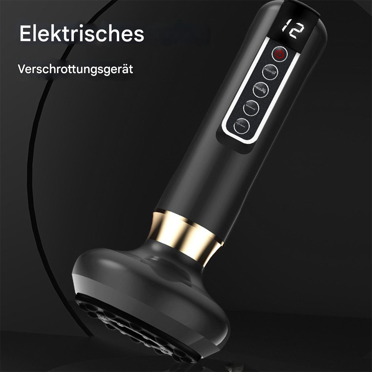 Ein schwarzes Massagegerät mit Knöpfen und Text. Es ist auf dunklem Hintergrund abgewinkelt.