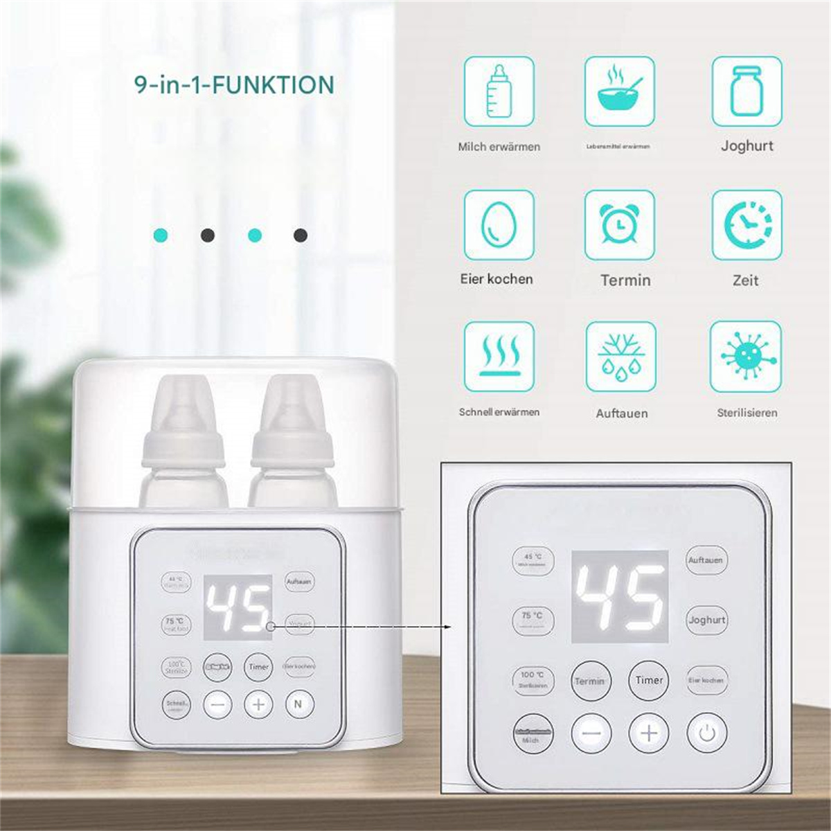 Babyflaschensterilisator mit Digitalanzeige, Symbolen und Flaschen innen.