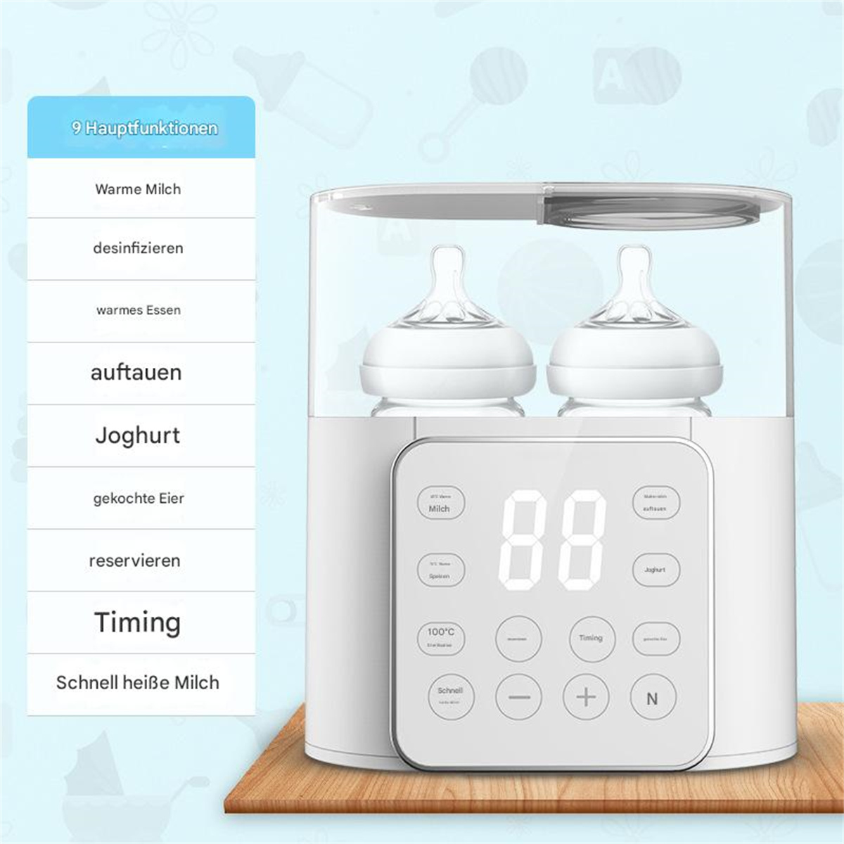 Ein weißer Babyflaschensterilisator mit zwei Flaschen im Inneren und einem Digitaldisplay.