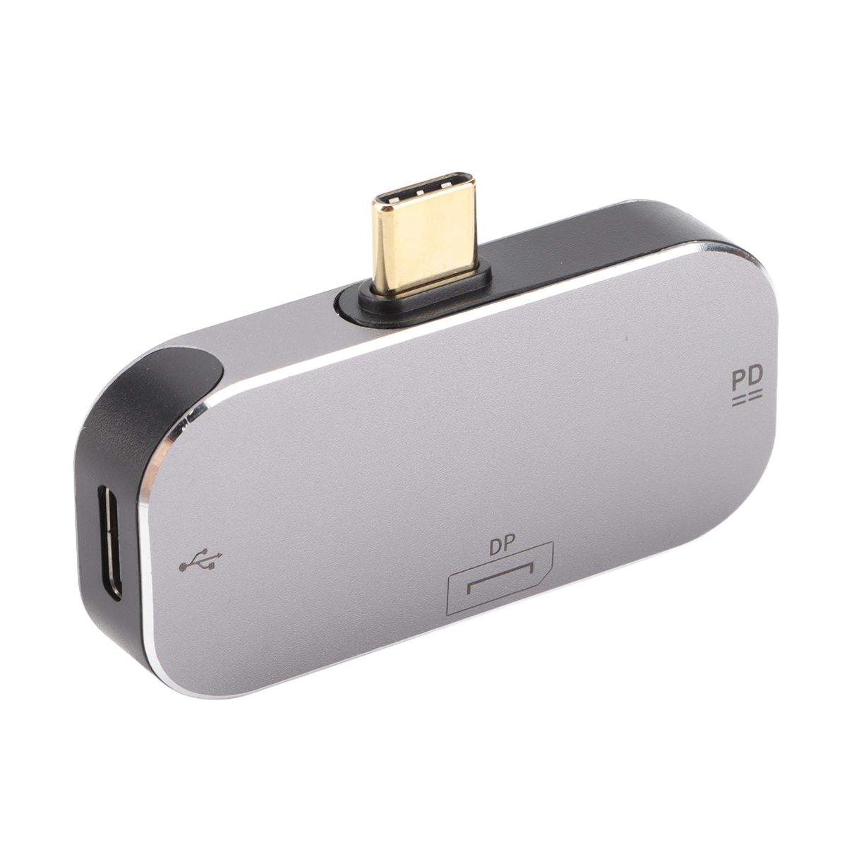 Ein silberner und schwarzer USB-C-Adapter mit PD- und DP-Markierungen.