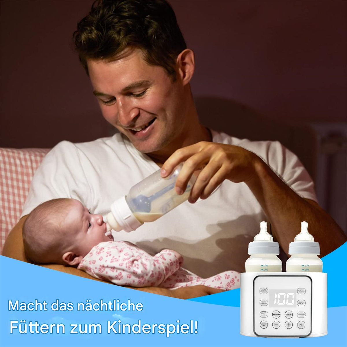 Ein Vater füttert ein Baby mit einer Flasche, mit einem Flaschenwärmer in der Nähe.