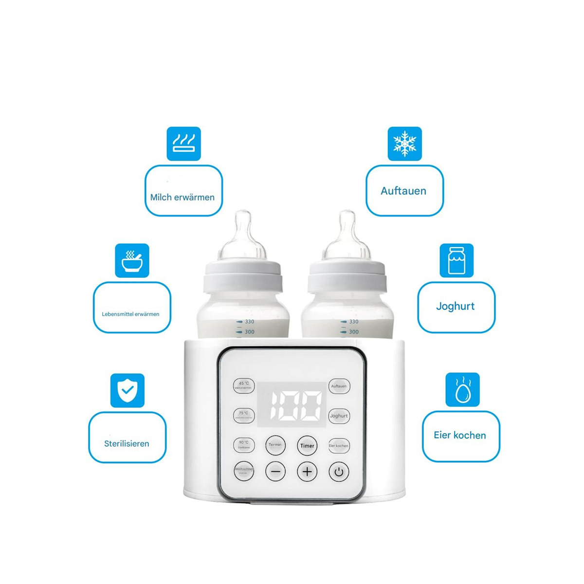 Babyflaschenwärmer mit Flaschen, Symbolen und digitaler Anzeige.