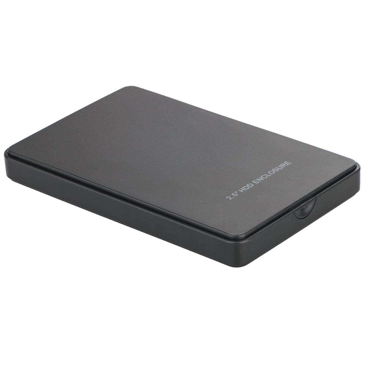 Ein schwarzes 2,5-Zoll-HDD-Gehäuse auf einer weißen Oberfläche. Auf dem Etikett steht '2.5" HDD ENCLOSURE'.