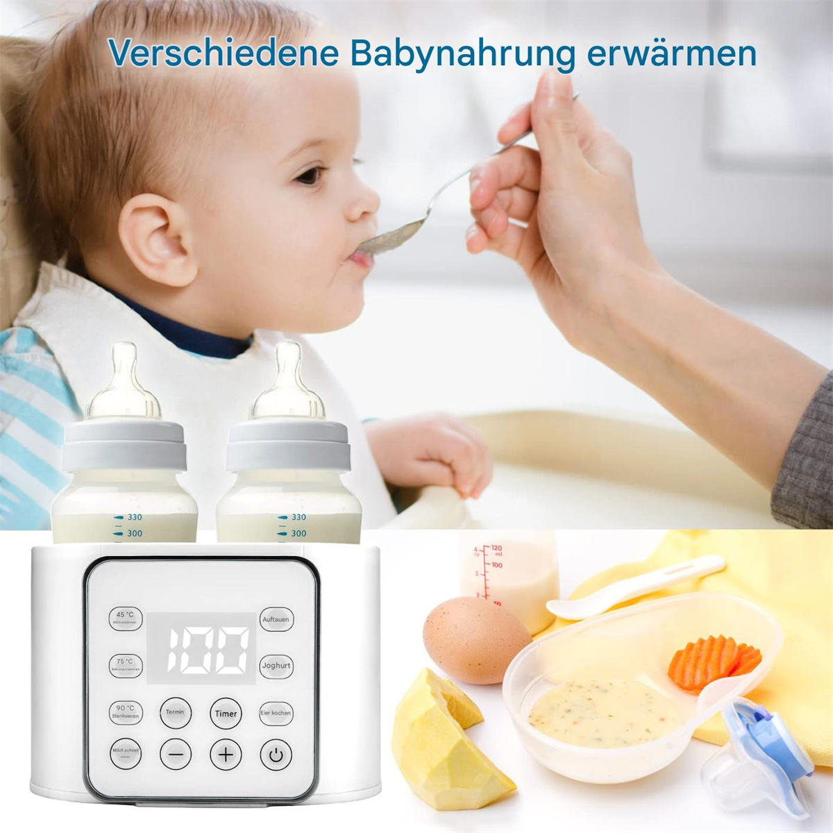 Ein Baby, das mit einem Löffel gefüttert wird, Flaschen und ein Wärmer mit digitaler Anzeige.