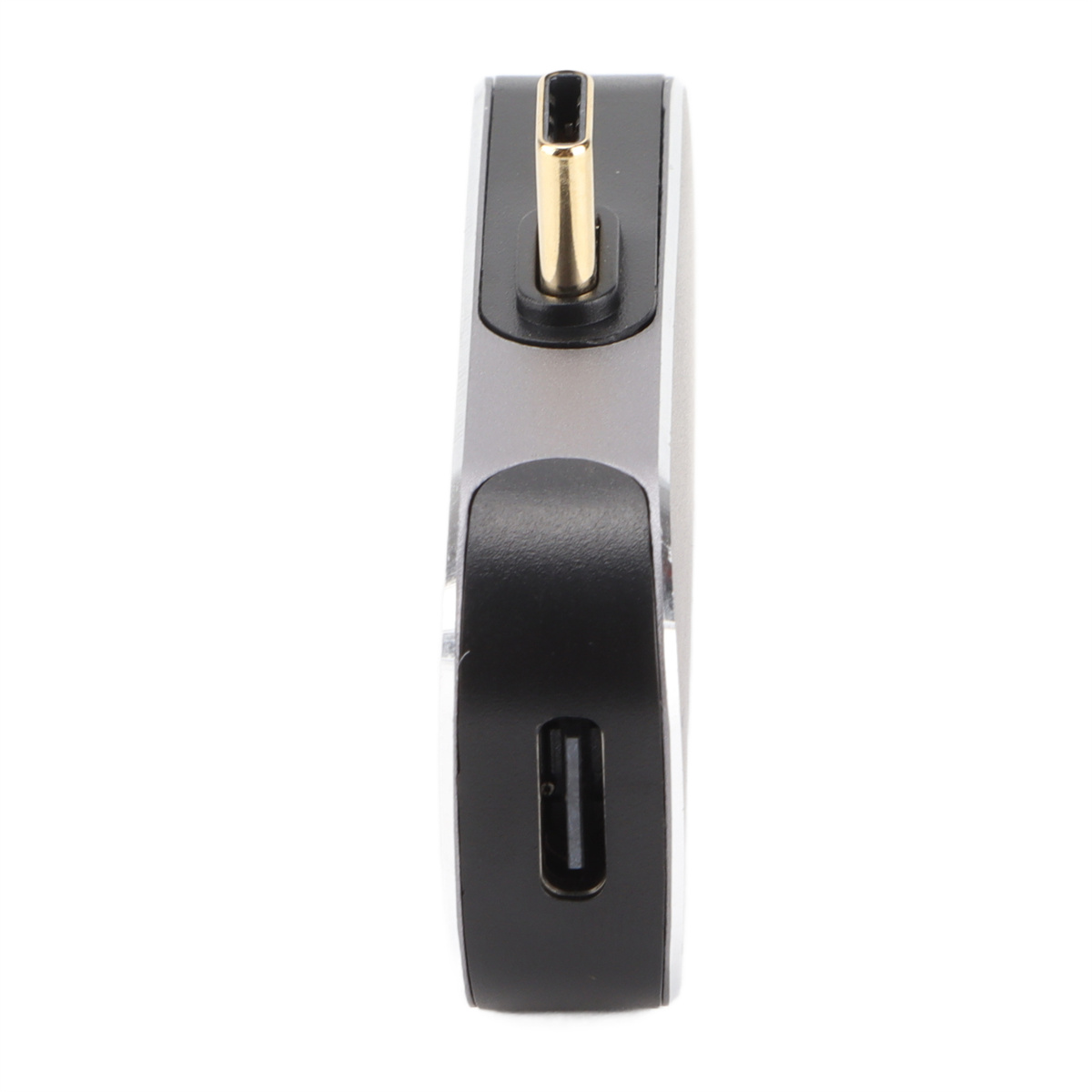 Ein silberner und schwarzer USB-C-Hub mit einem USB-Anschluss und einem USB-C-Anschluss.