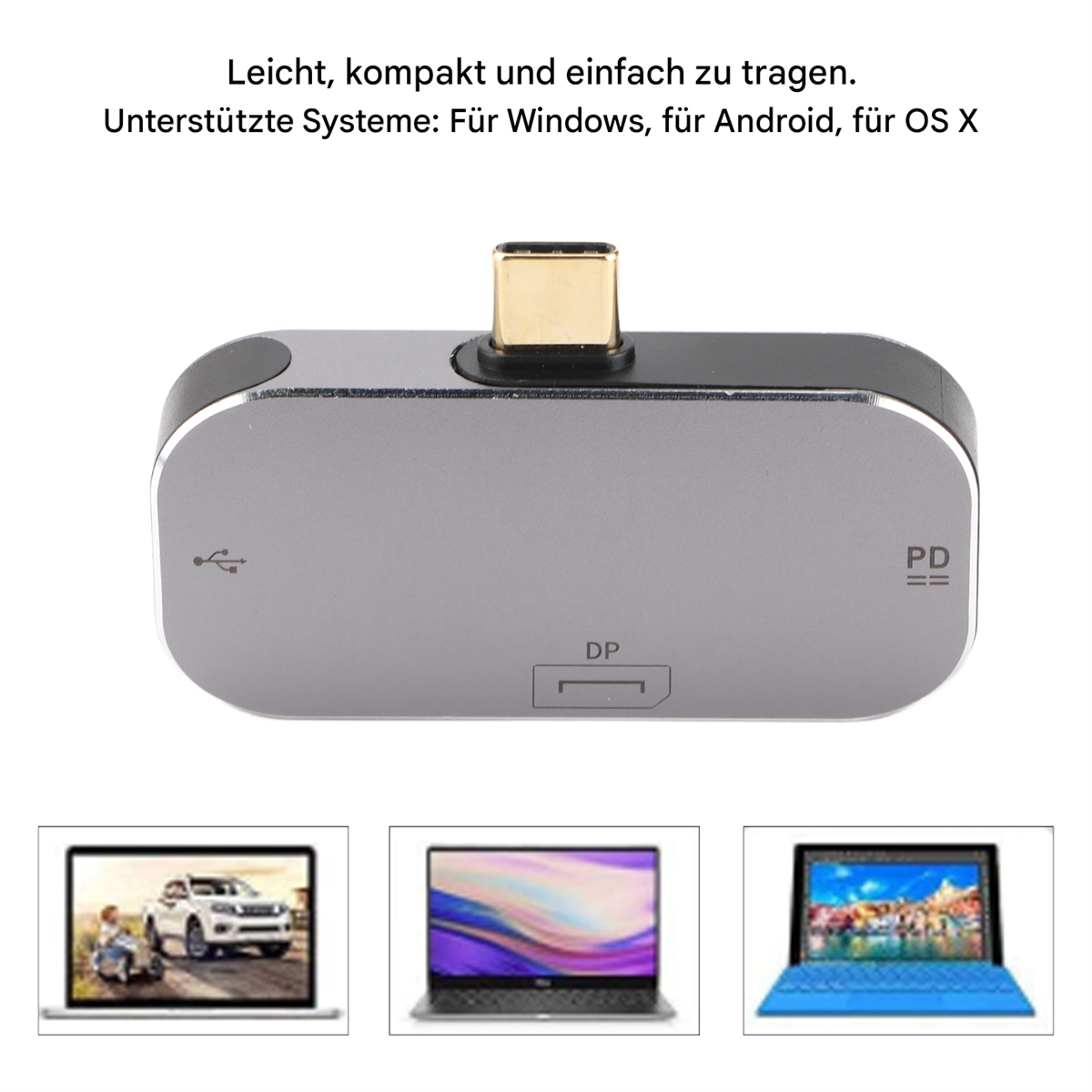 Silberner USB-C-Adapter mit mehreren Anschlüssen und einem Laptop und Tablet darunter.