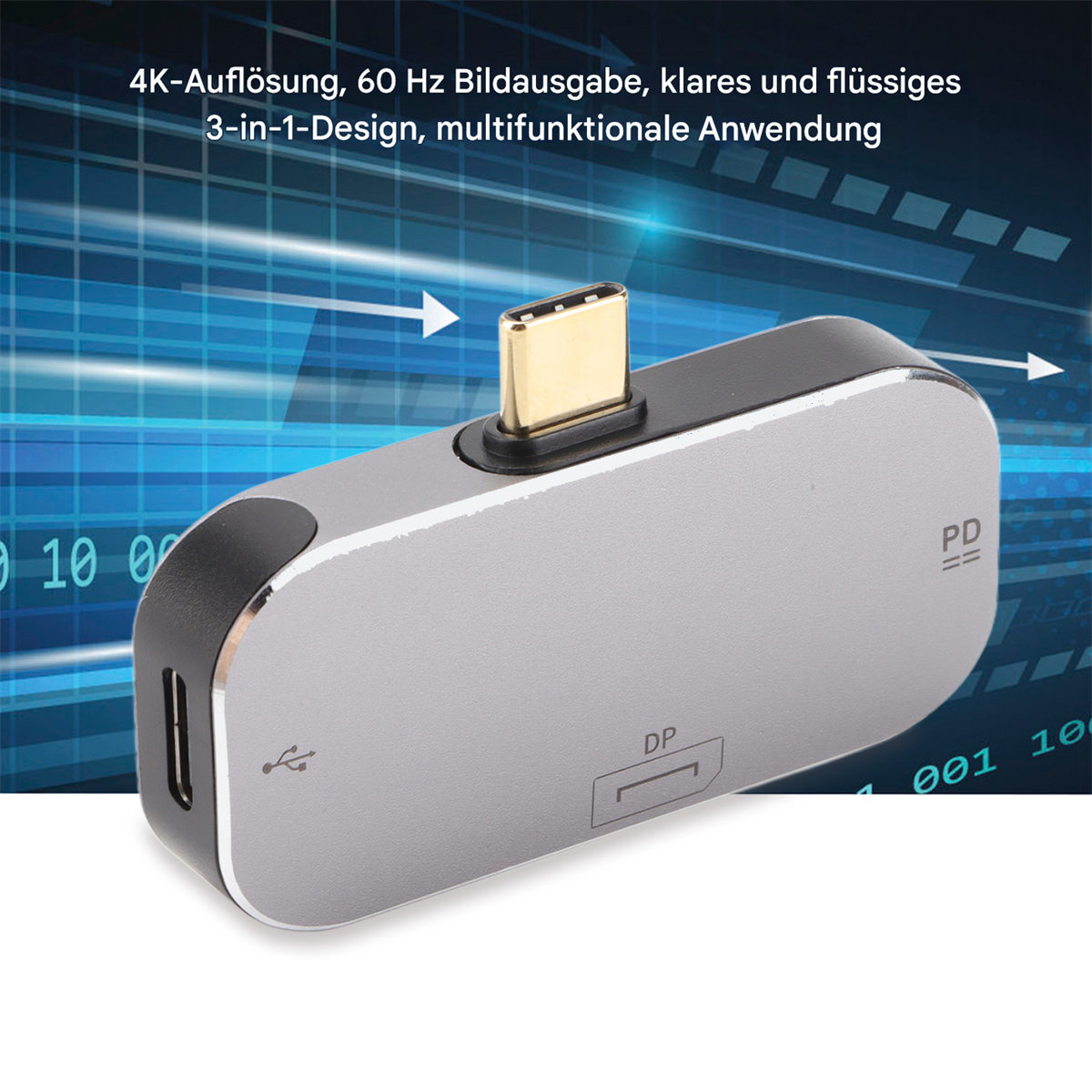 Ein silberner USB-C-Hub mit Anschlüssen und Text auf der Vorderseite, vor digitalem Hintergrund.