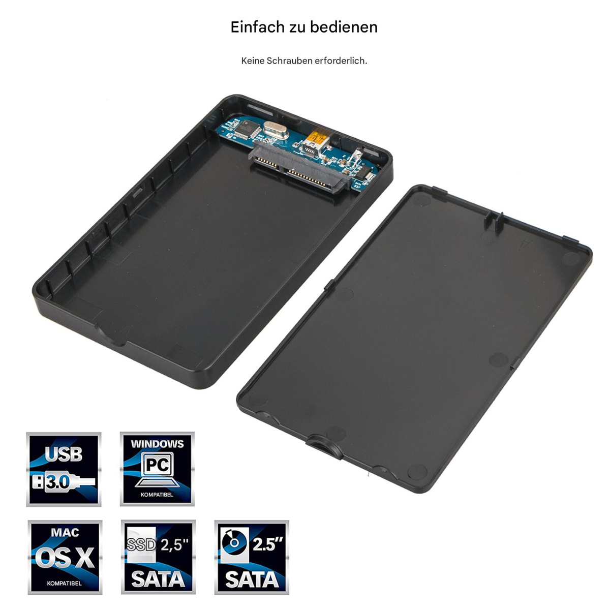 Ein offenes schwarzes Festplattengehäuse mit Komponenten, USB- und SATA-Etiketten.