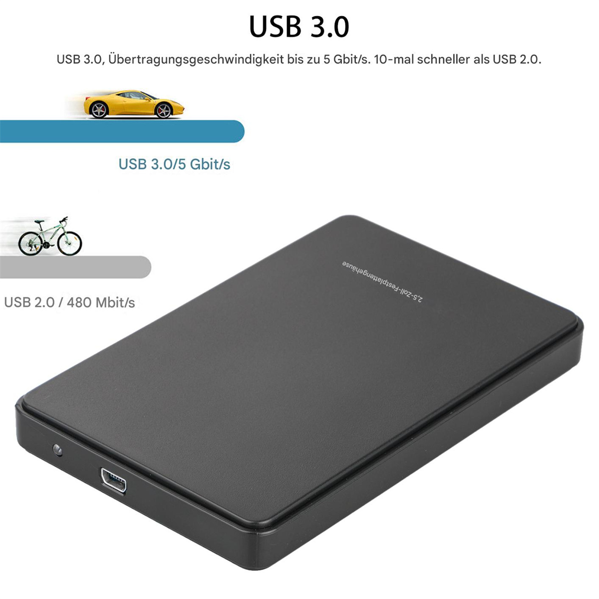 Eine schwarze externe Festplatte mit USB-Anschluss und gelben Auto- und Fahrradsymbolen werden gezeigt.
