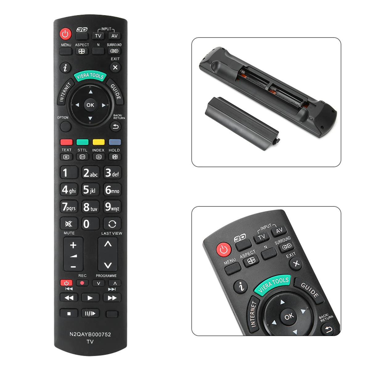 TV-Fernbedienung mit mehreren Tasten, einschließlich Batteriefach und Nahaufnahmen.