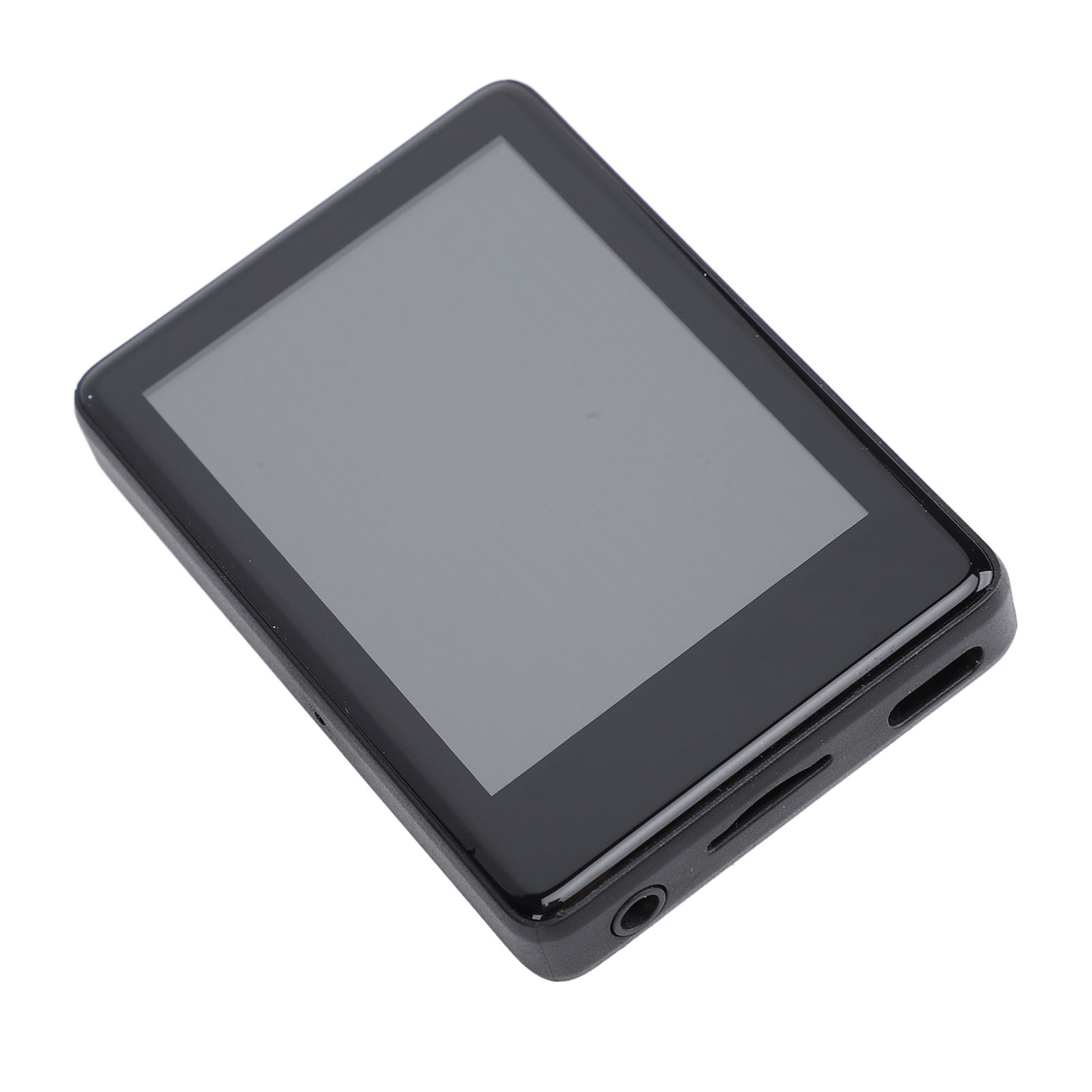 Schwarzer rechteckiger MP3-Player mit Bildschirm und Anschlüssen.