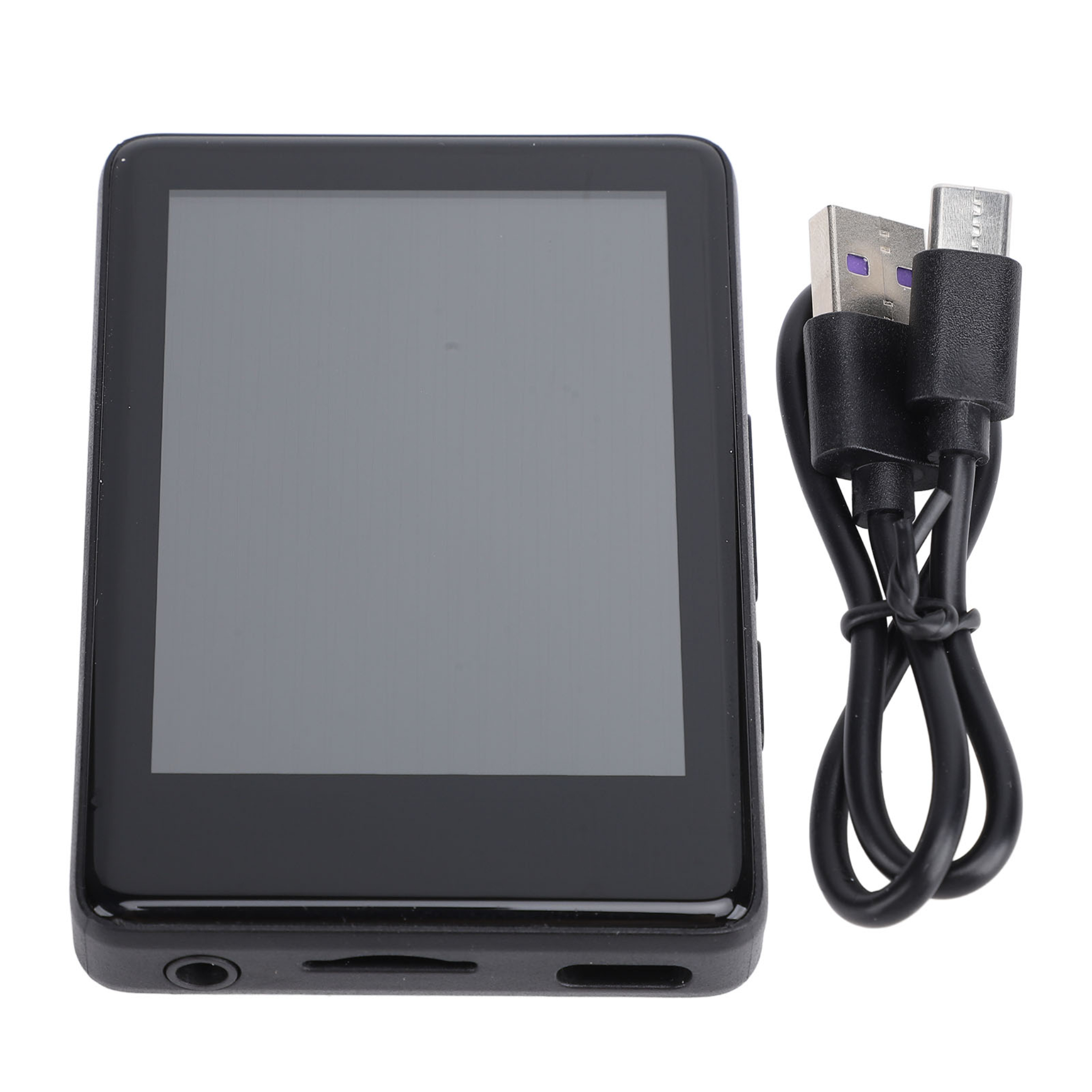 Ein schwarzer MP3-Player mit Bildschirm und USB-Ladekabel.