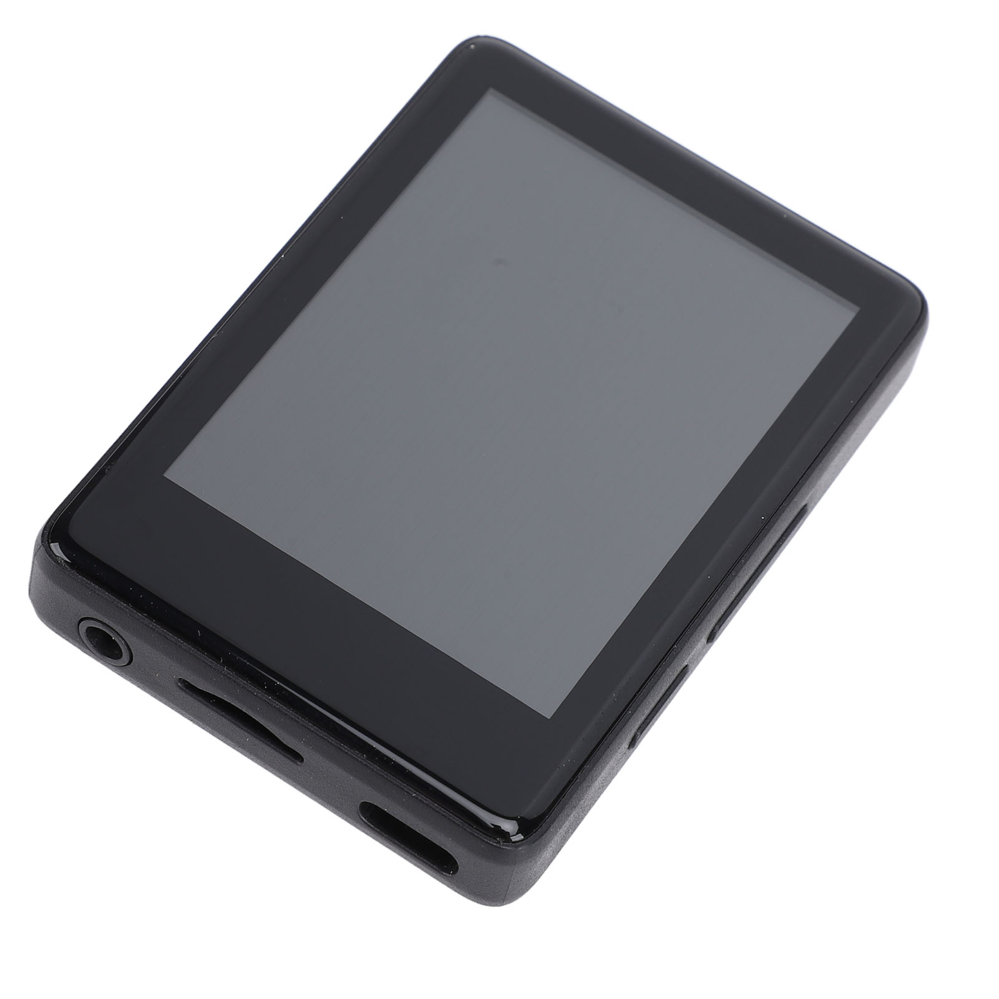 Schwarzer rechteckiger MP3-Player mit Bildschirm, Kopfhöreranschluss und Steckplatz.