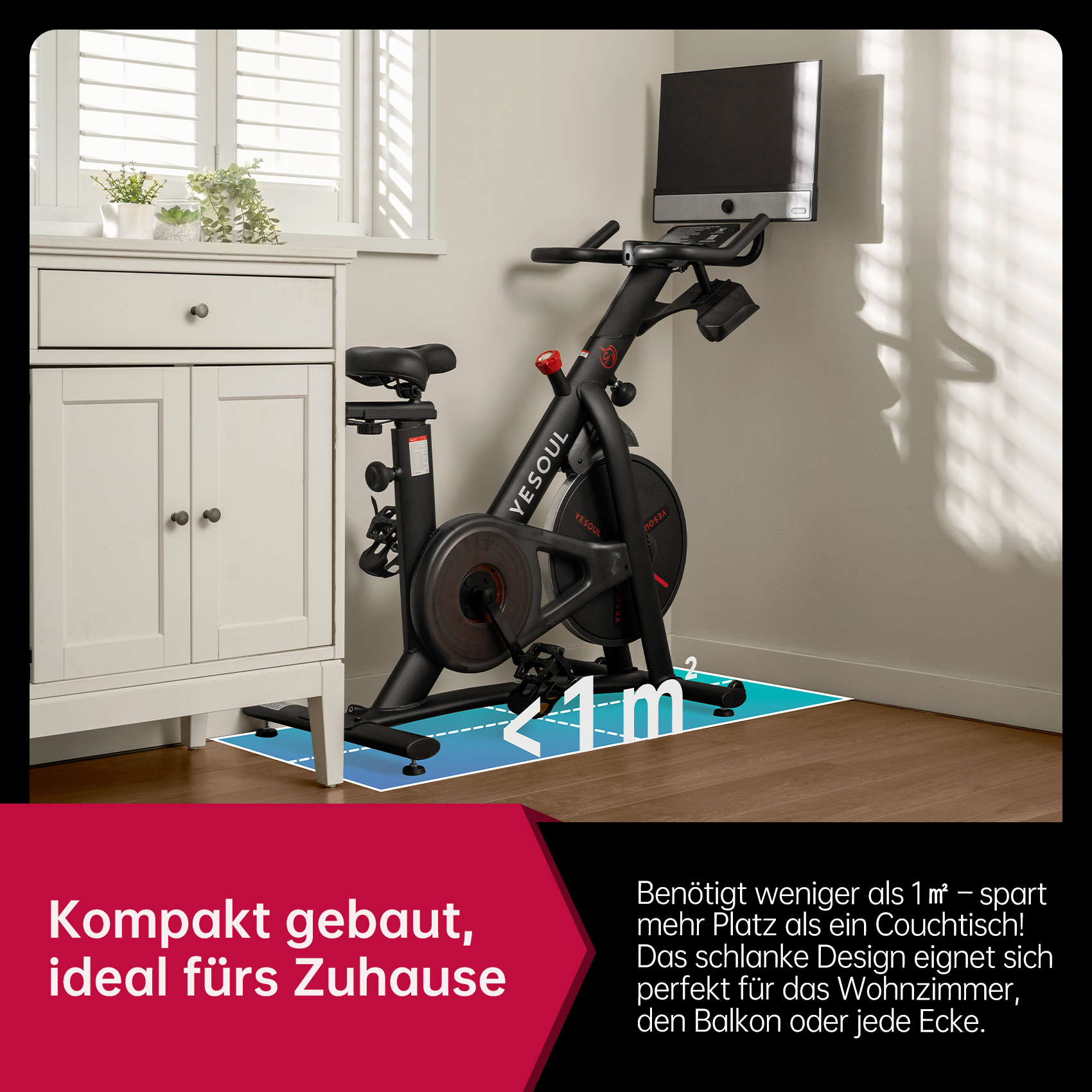 Indoor-Heimtrainer. Text: Kompakt gebaut, ideal für zu Hause. Es benötigt weniger als 1 m².