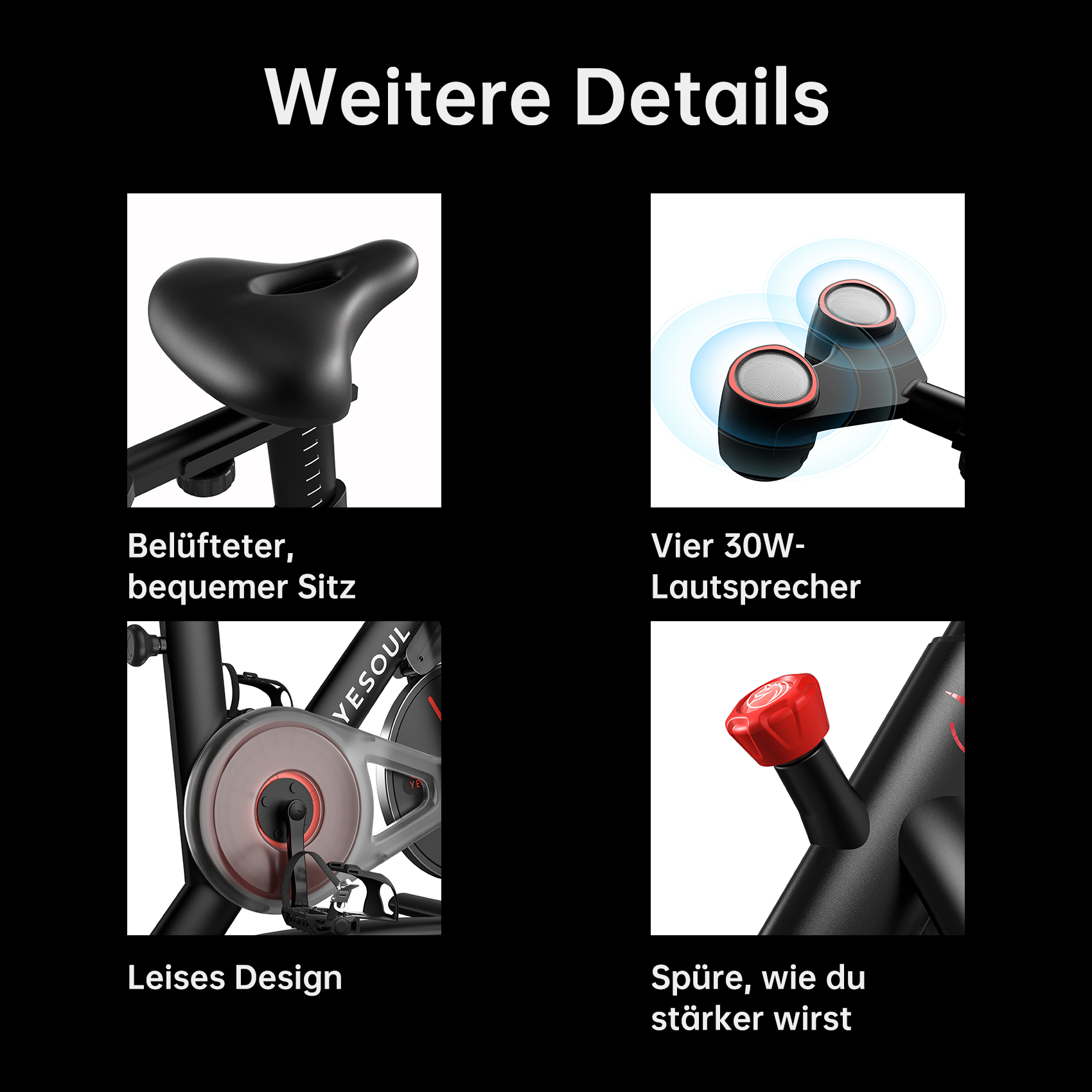 Bilder eines Heimtrainers: Sitz, Lautsprecher, Design und roter Einstellknopf. Details sind gezeigt.