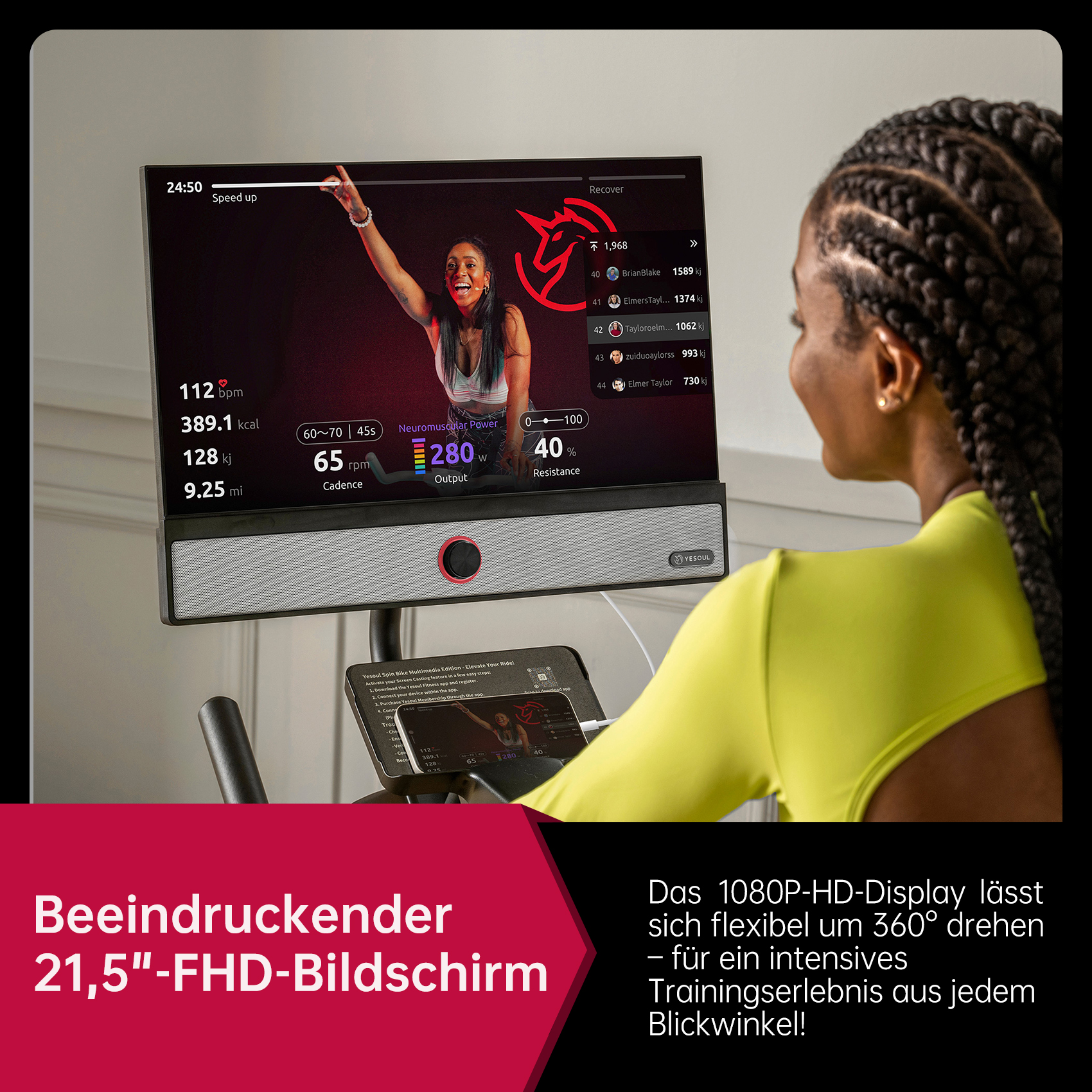 Frau trainiert auf einem Fitnessgerät. Der Bildschirm zeigt Trainingsdaten und Metriken.