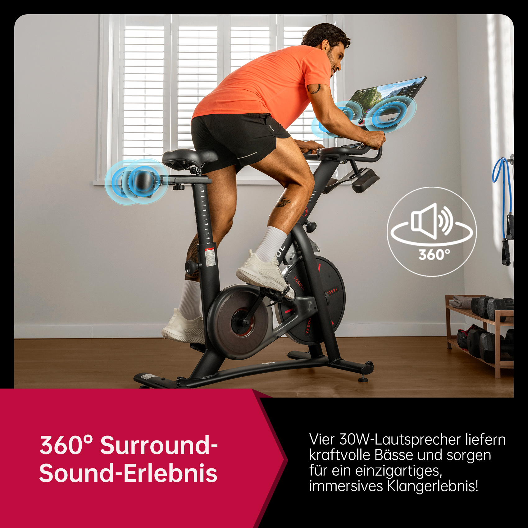 Mann auf einem Heimtrainer mit Lautsprechern und 360-Sound-Grafik.