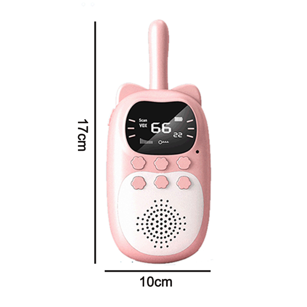 Rosa Walkie-Talkie in Katzenform mit Display und Knöpfen. Es hat einen Lautsprecher und eine Antenne.