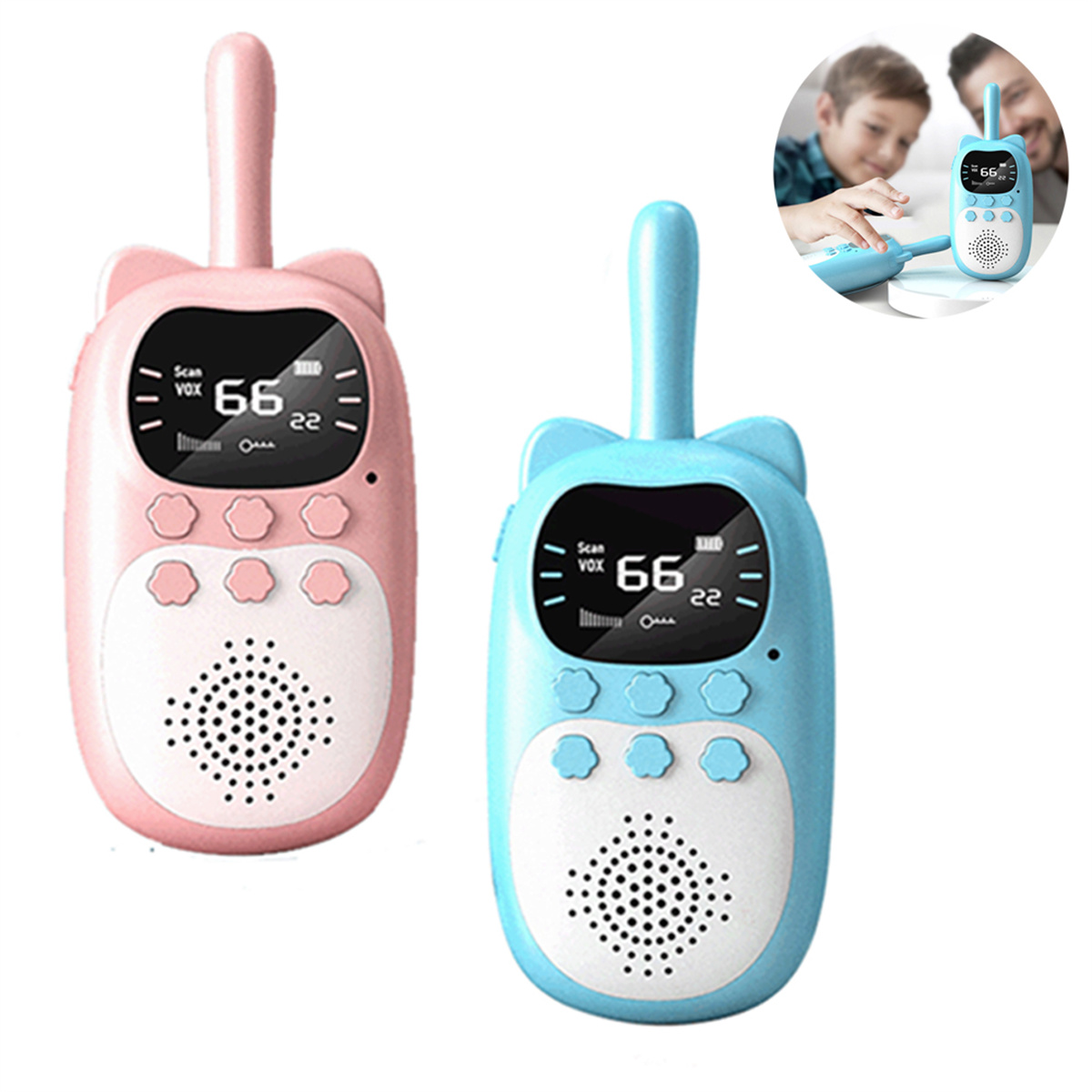 Zwei pinkfarbene und blaue Walkie-Talkies in Katzenform, mit einem Kind, das eines benutzt.