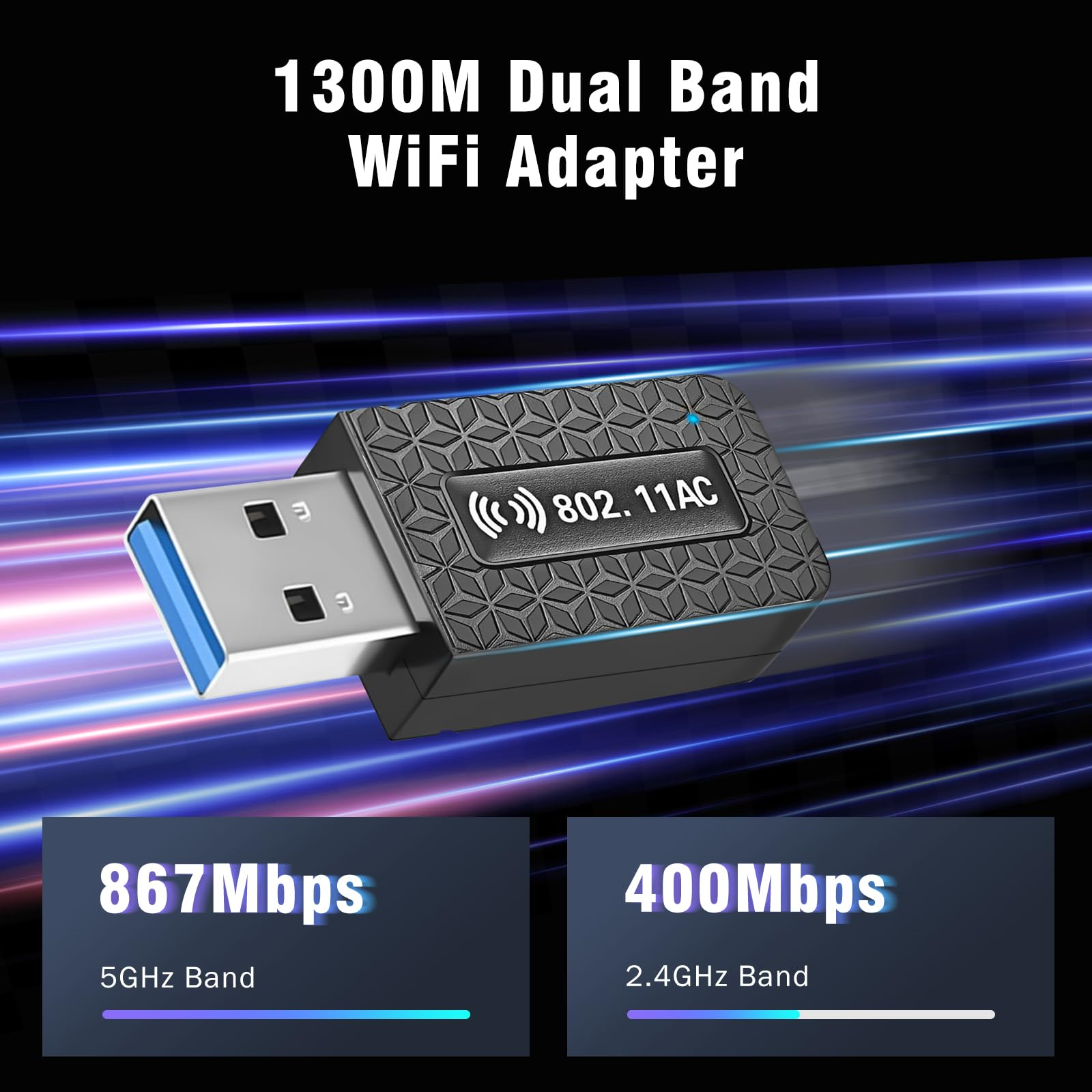 USB-WLAN-Adapter mit 802.11AC-Logo und Geschwindigkeitsdetails. Schwarz-Silber-Design mit blauen Akzenten.