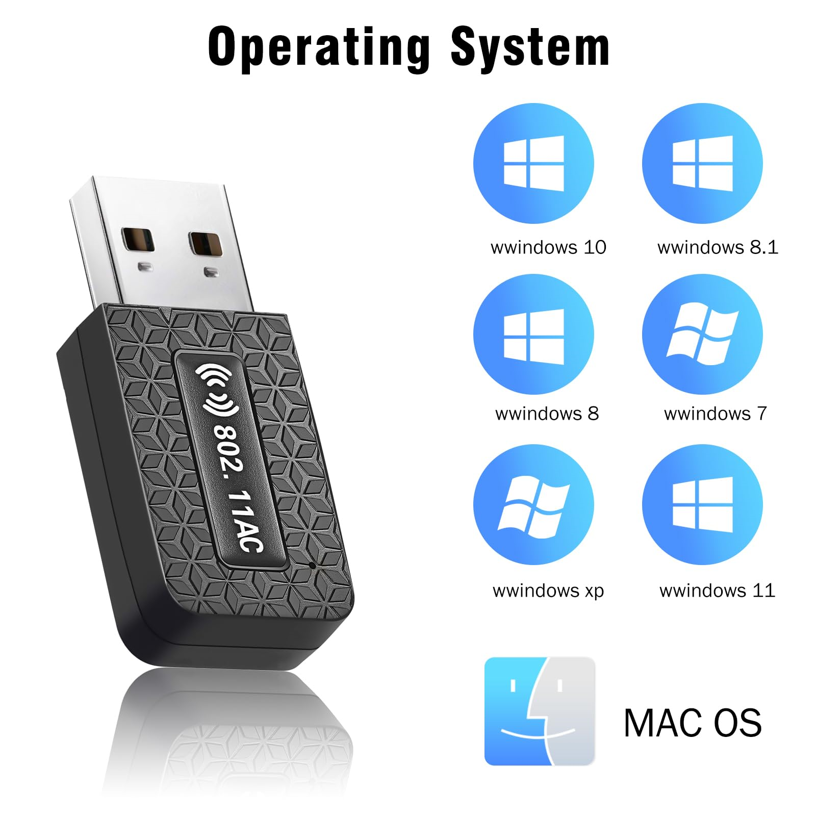 Ein schwarzer USB-WLAN-Adapter mit Windows-Betriebssystemlogos. Icons repräsentieren Windows 10, 8.1, 8, 7, XP und 11.