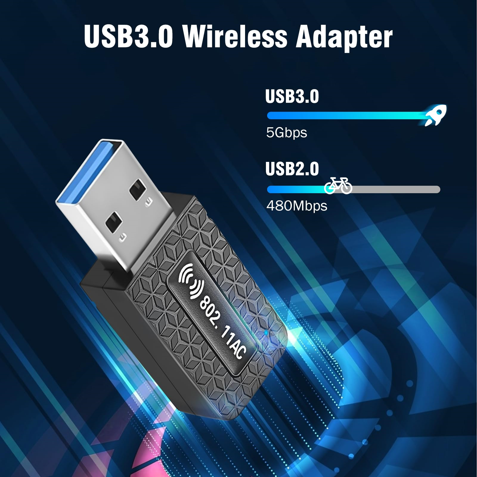 Schwarzer USB 3.0 Wireless Adapter. Text: USB3.0 Wireless Adapter. 5 Gbit/s für USB3.0 und 480 Mbit/s für USB2.0.
