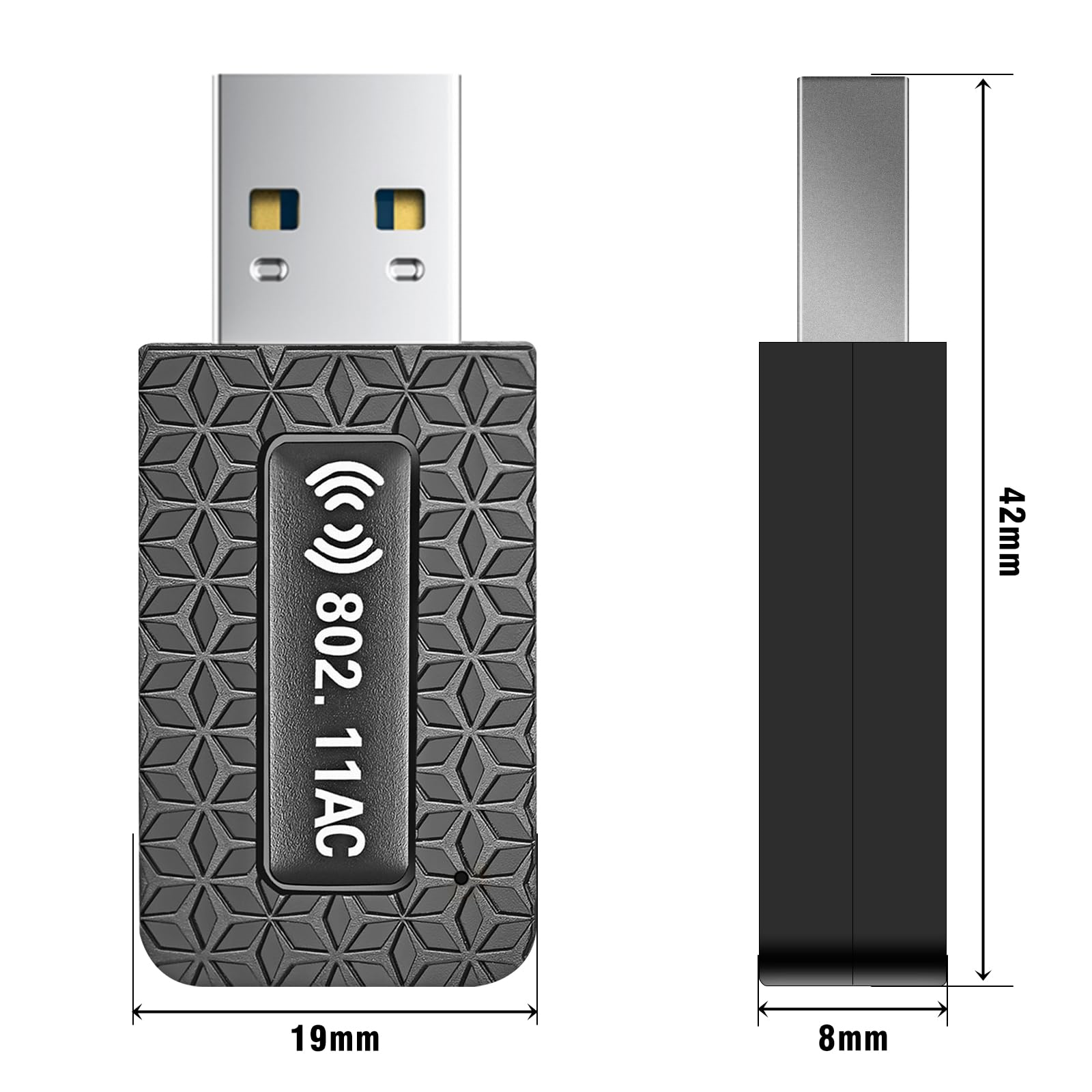 Schwarz-grauer WLAN-Adapter mit Maßen und Text: 802.11 AC.