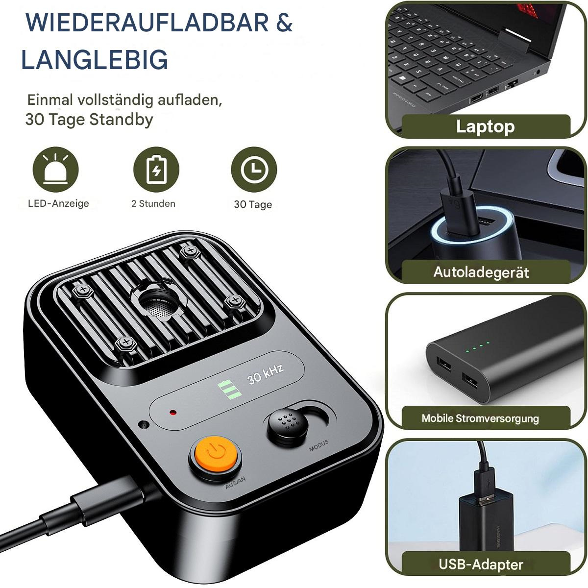 Ein elektronisches Gerät mit Symbolen und Text, mit zusätzlichen Bildern, die das Aufladen und Zubehör zeigen.