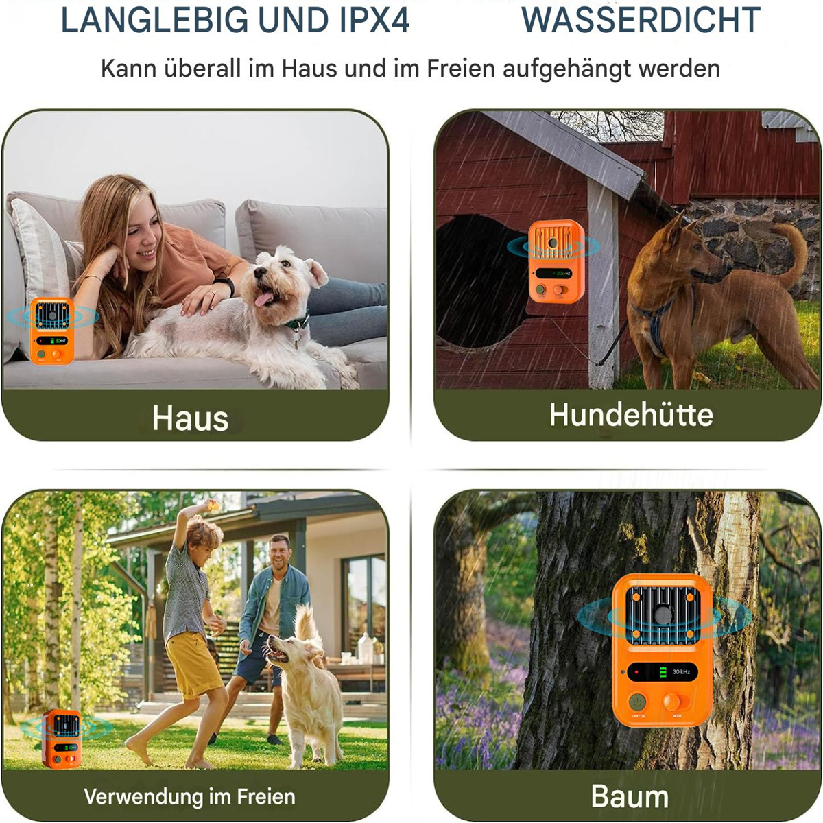 Mehrere Bilder eines orangefarbenen Geräts. Menschen, die es drinnen und draußen benutzen.