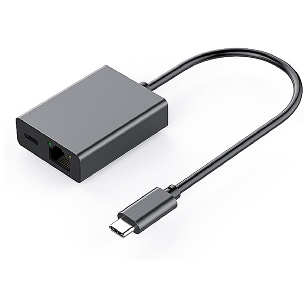 Grauer Adapter mit USB-C-Anschluss an einem Ende und Ethernet-Anschluss am anderen Ende.
