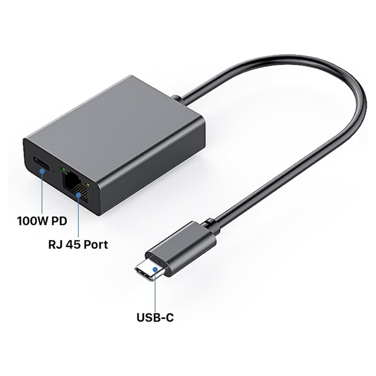 Grauer Adapter mit USB-C-Anschluss, RJ45-Anschluss und 100W PD.