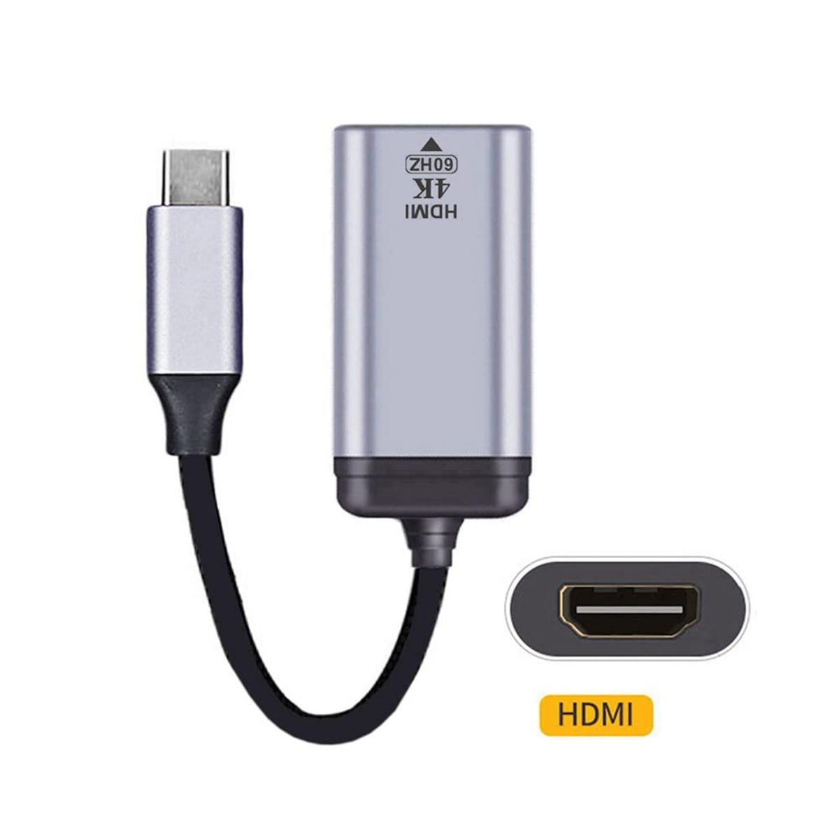 Ein silberner bis schwarzer USB-C-zu-HDMI-Adapter. HDMI ist unten angegeben.