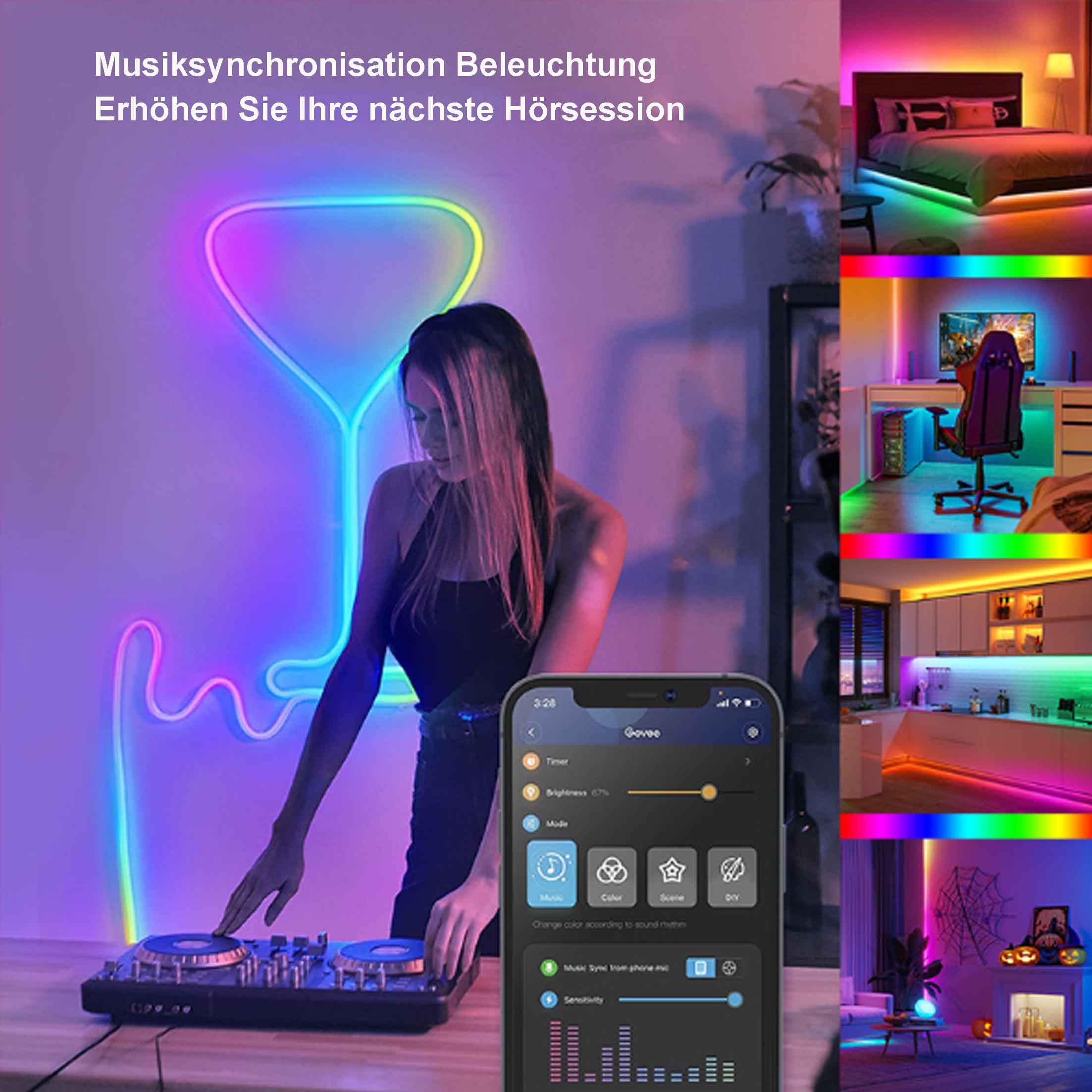 Frau mit DJ-Setup, Telefonoberfläche mit Lichtsteuerung und Zuhause mit Lichtleisten.