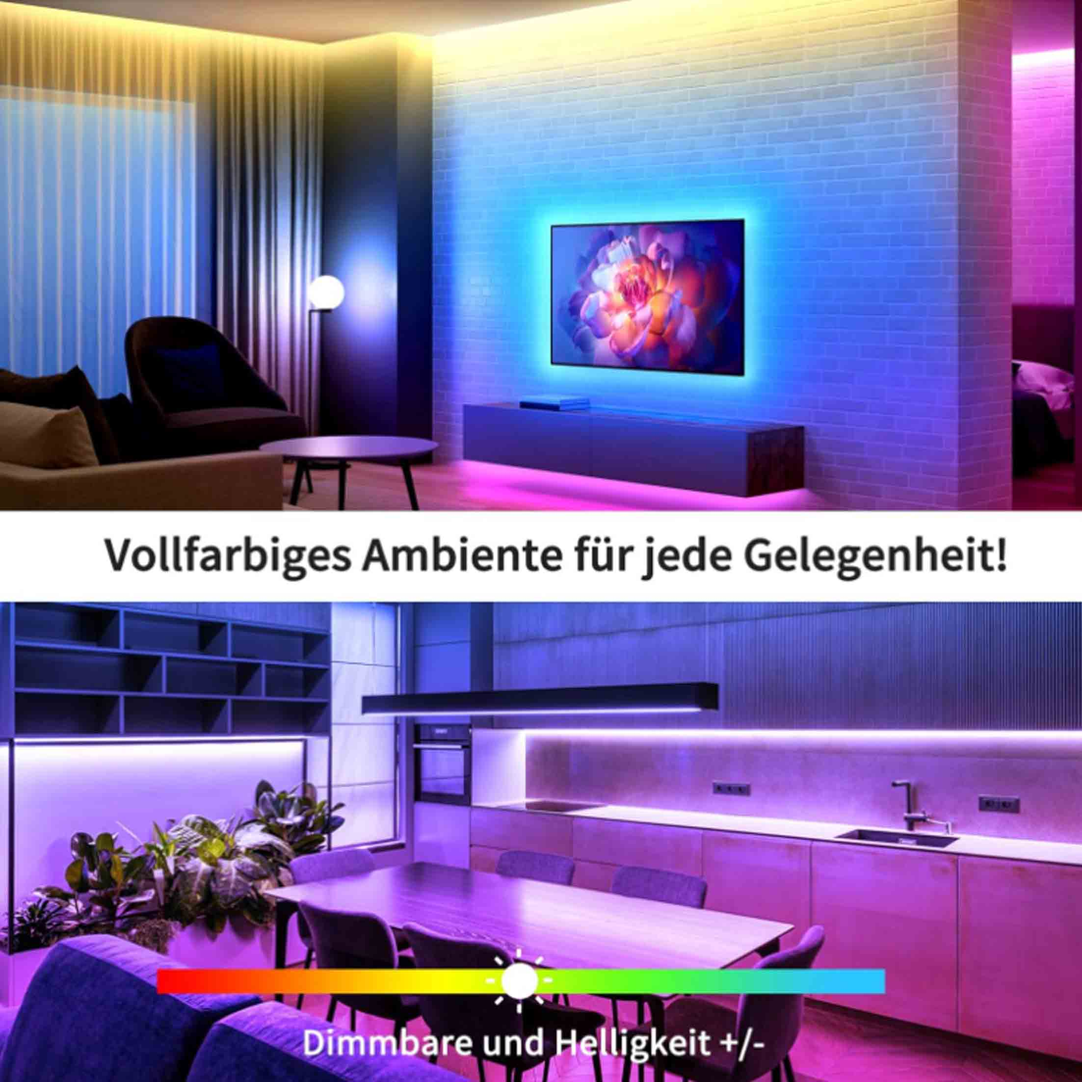 Ein Raum mit intelligenter Beleuchtung. Die Wand hat einen Fernseher und ist mit blauem und violettem Licht beleuchtet. Die Küche hat bunte Lichter.