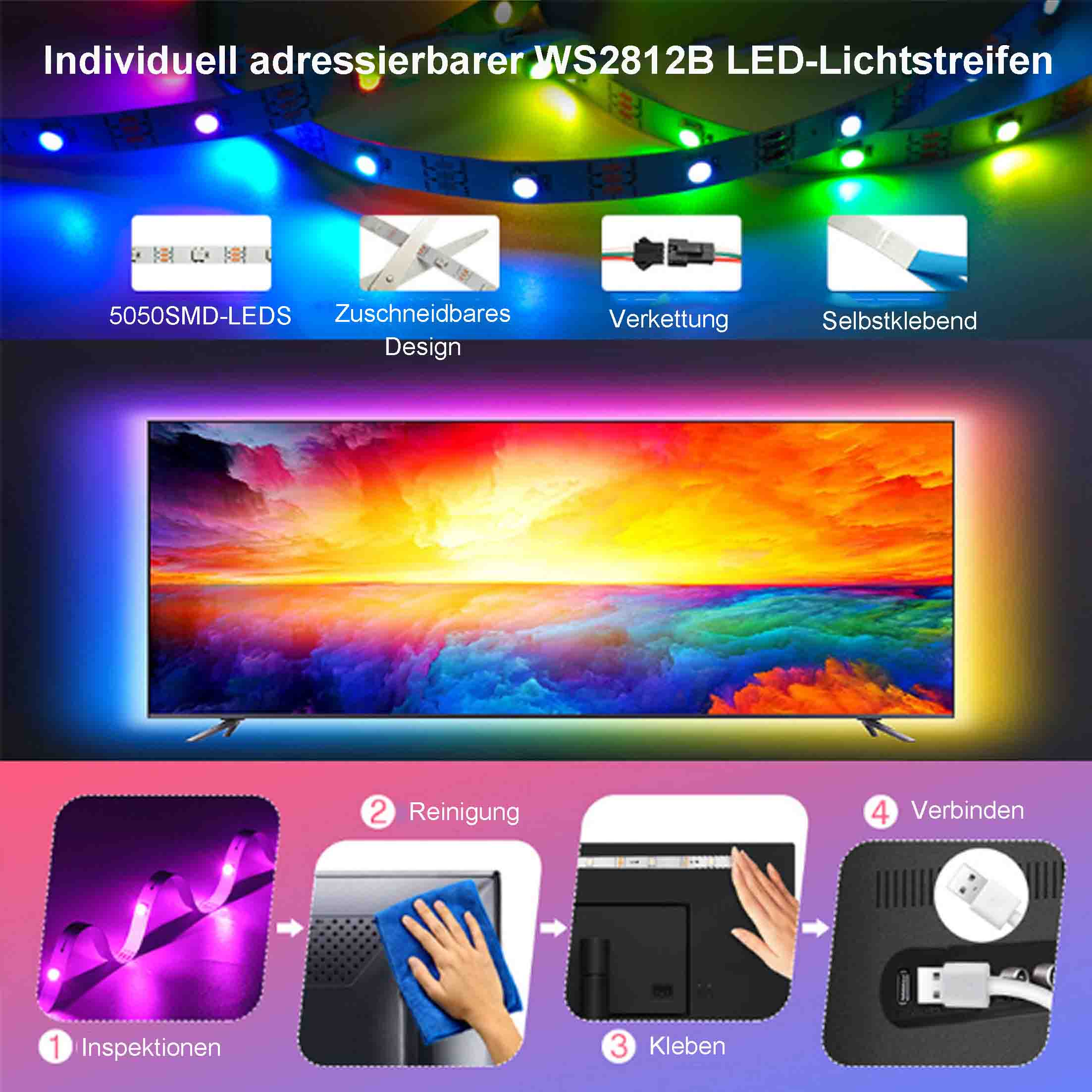 LED-Lichtleiste, Symbole zeigen Schneiden, Verbinden und Kleben. Ein Fernseher zeigt ein farbenfrohes Bild.