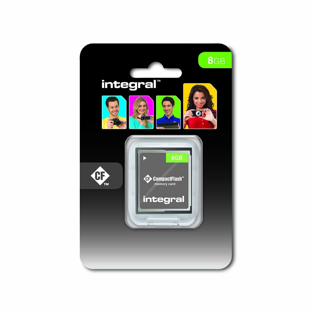 Karta pamięci CompactFlash w opakowaniu, ze zdjęciami osób robiących zdjęcia.