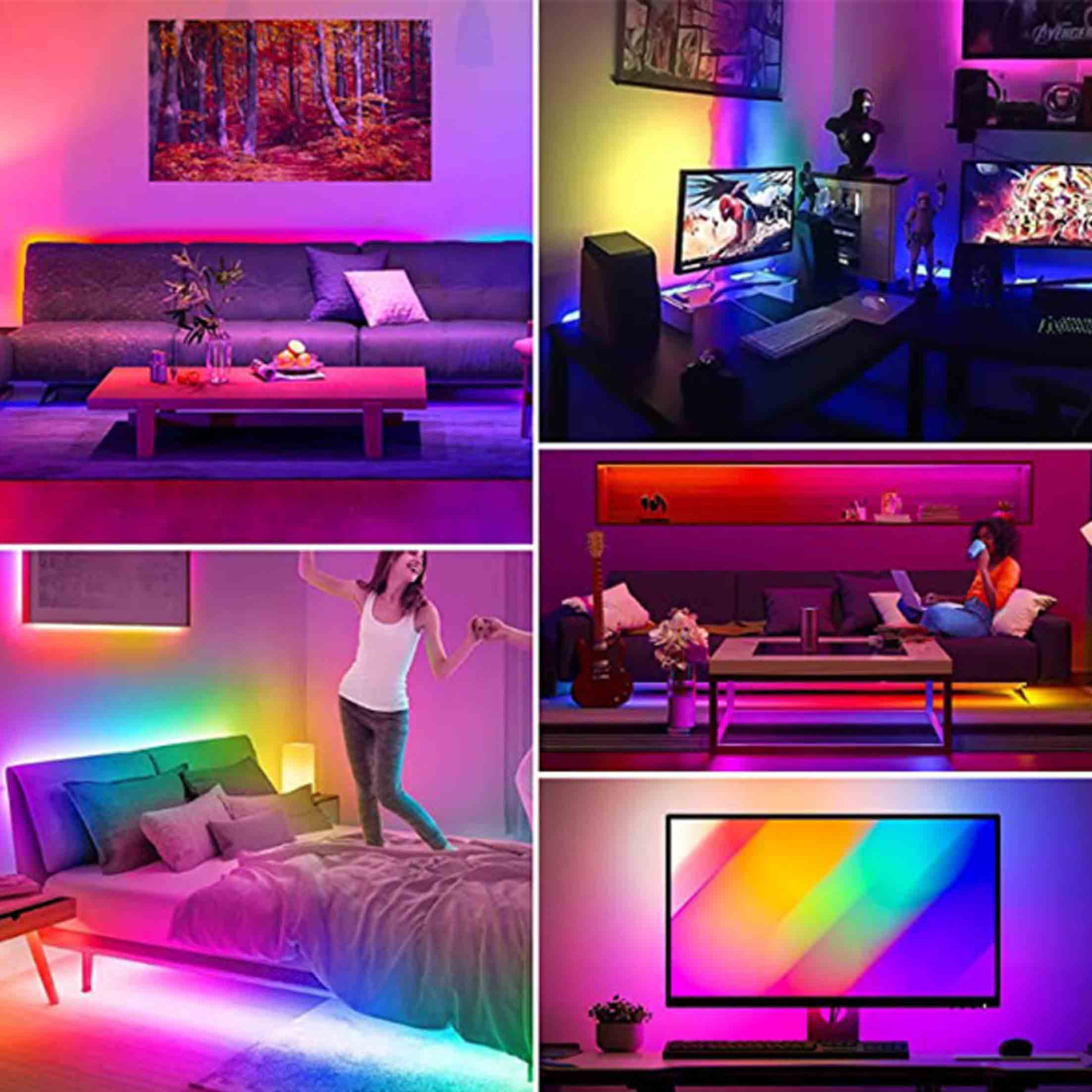 Eine Collage von Bildern, die Räume mit verschiedenen bunten LED-Streifenlichtern in verschiedenen Umgebungen und Verwendungen zeigen.
