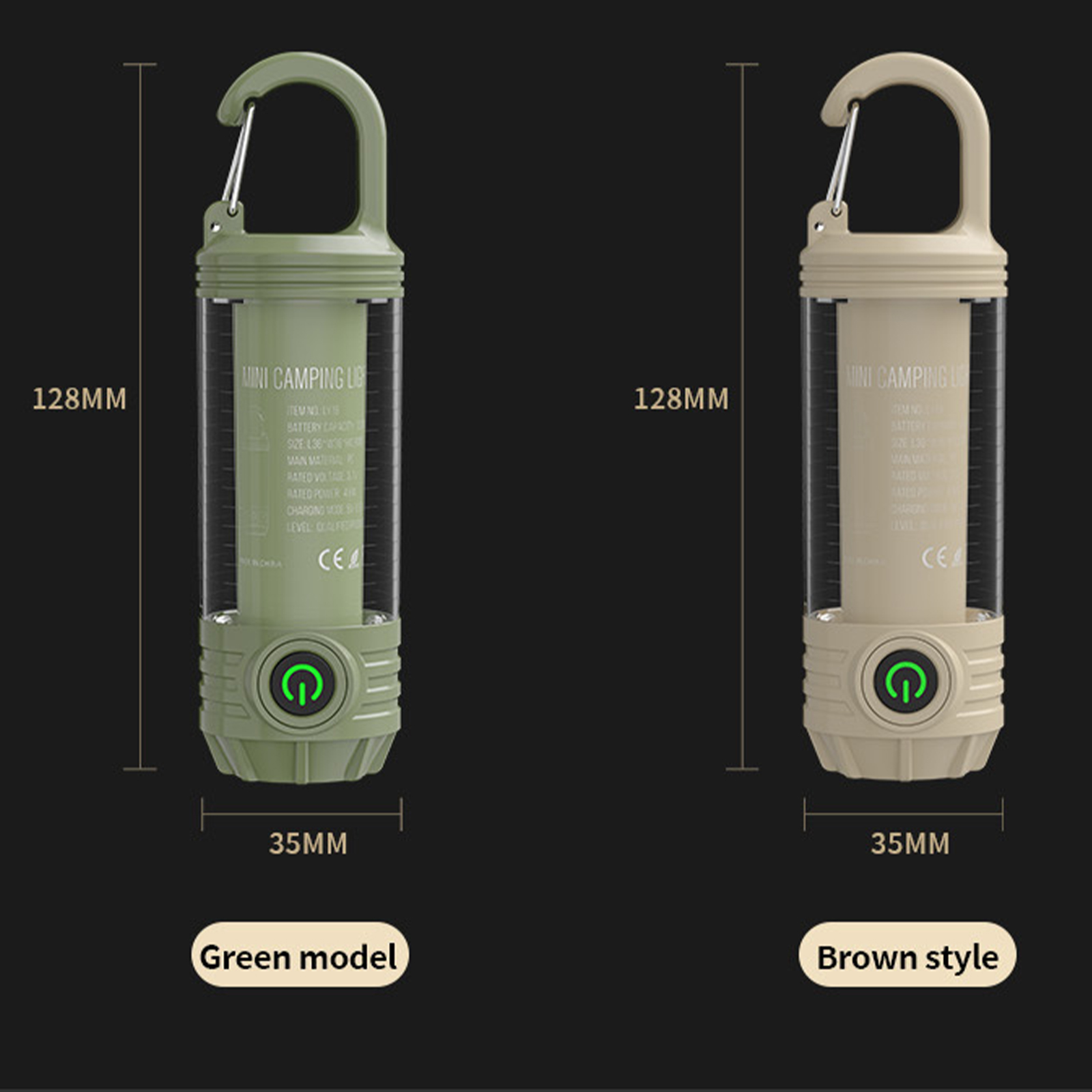 Zwei grüne und braune Taschenlampen mit Karabiner auf schwarzem Hintergrund.