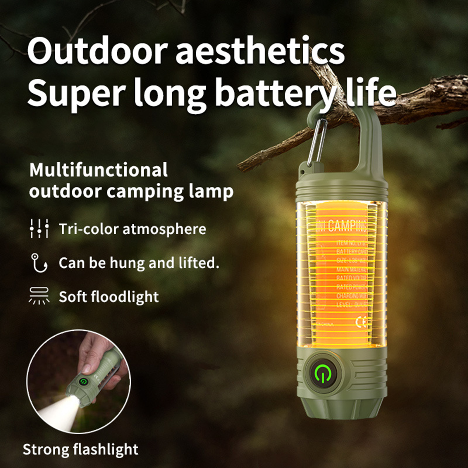 Eine grüne Campinglampe mit Haken. Die Lampe hat eine Taschenlampe und eine Steuertaste. Text ist weiß.