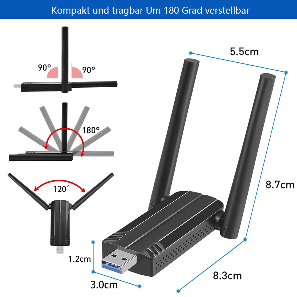 Ein schwarzer USB-Netzwerkadapter mit verstellbaren Antennen. Es hat beschriftete Abmessungen.