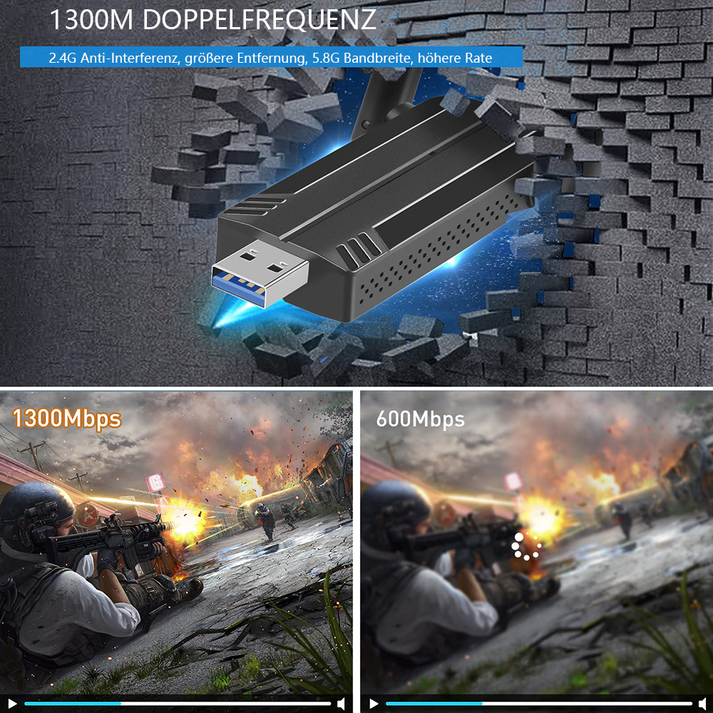 Schwarzes USB-Gerät mit blauem USB-Anschluss, das durch eine Ziegelmauer bricht.