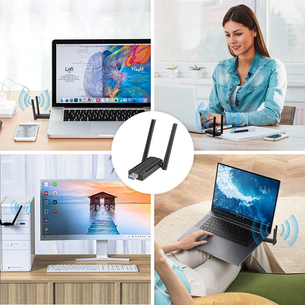 Mehrere Laptops mit WLAN-Adaptern. Frau benutzt Laptop. Monitor, der ein Zuhause anzeigt. Ein USB-Adapter.