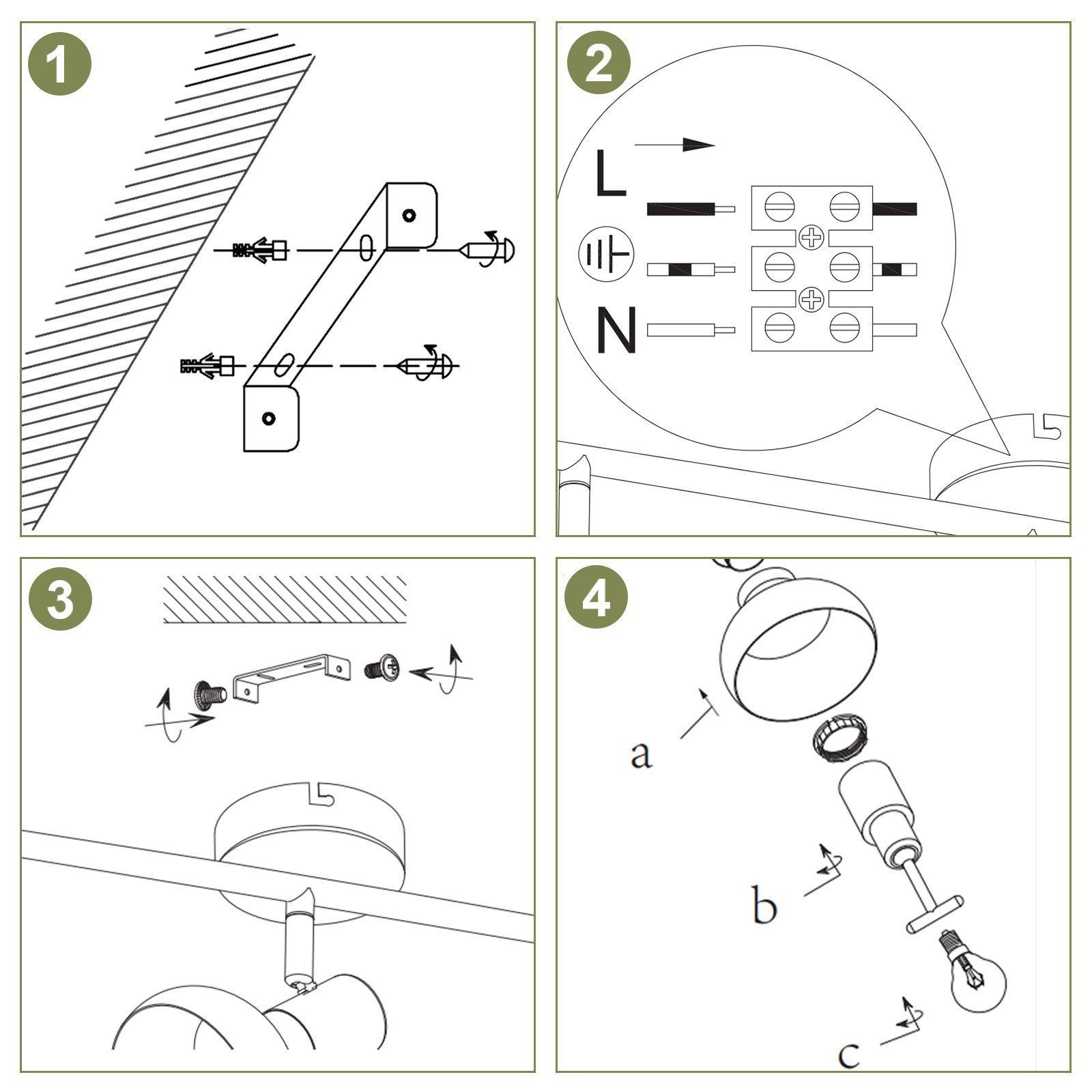 Diagramm der Installationsschritte für die Leuchte, zeigt Wandmontage, Verdrahtung, Lampenmontage.