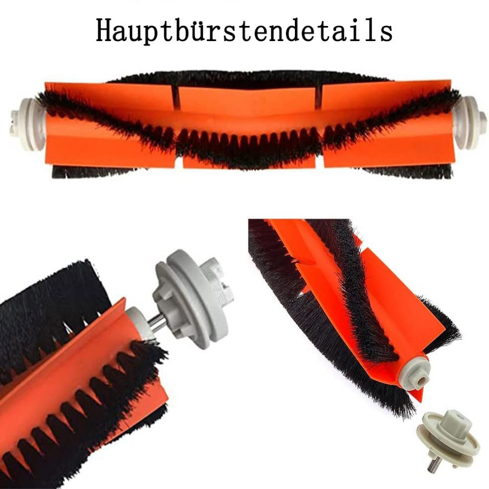 Nahaufnahme des Bürstenkopfs eines Staubsaugers. Enthält drei detaillierte Ansichten der Bürstenstruktur.